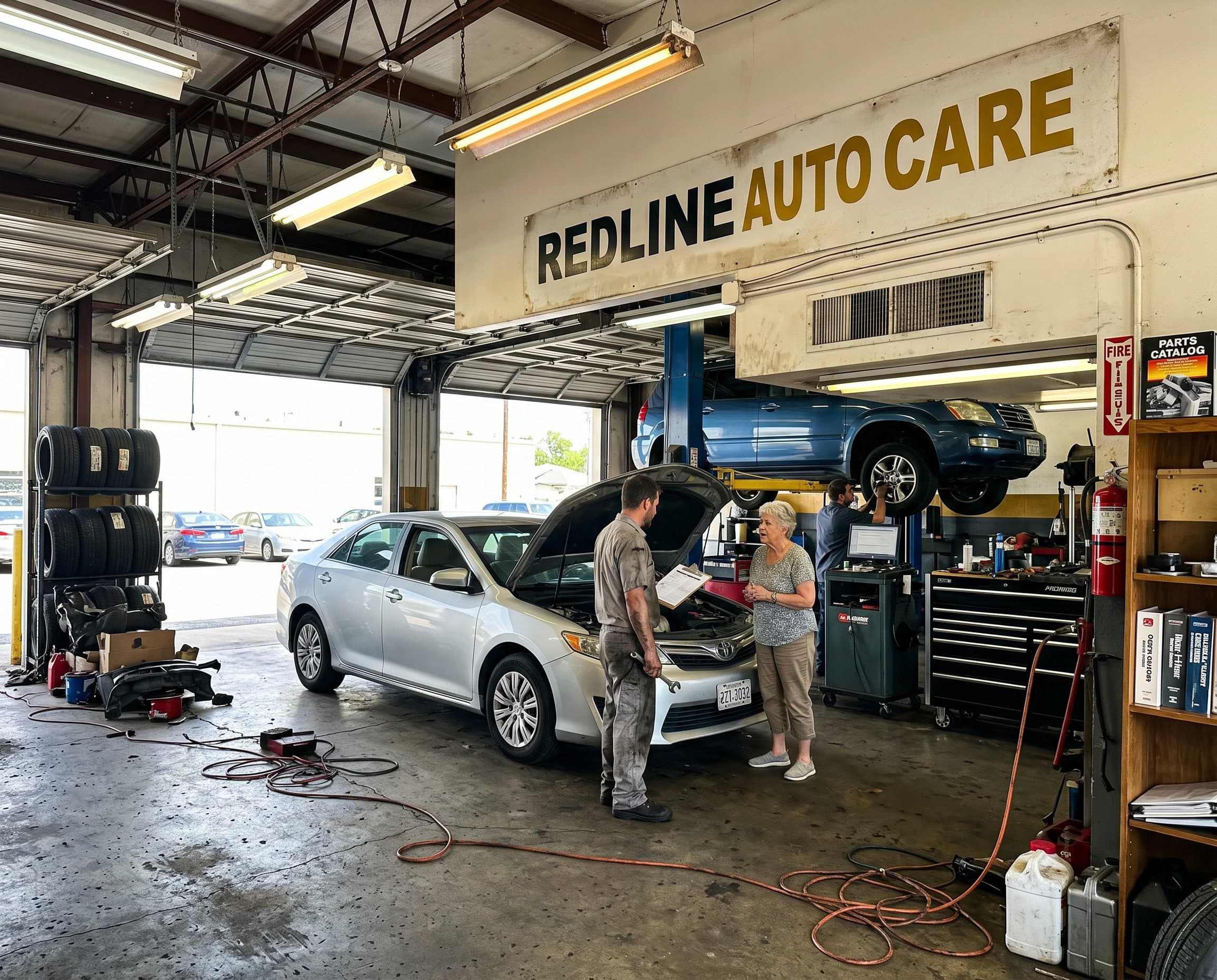 Redline Auto Care shop bay and technician